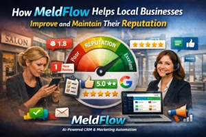 Cover image showing a local business owner checking reviews and a MeldFlow expert demonstrating the platform dashboard, with a reputation gauge moving from poor to excellent.
