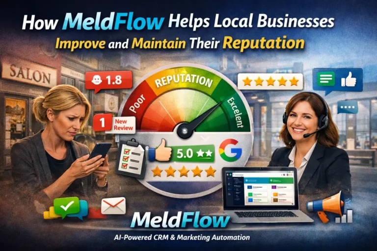 Cover image showing a local business owner checking reviews and a MeldFlow expert demonstrating the platform dashboard, with a reputation gauge moving from poor to excellent.